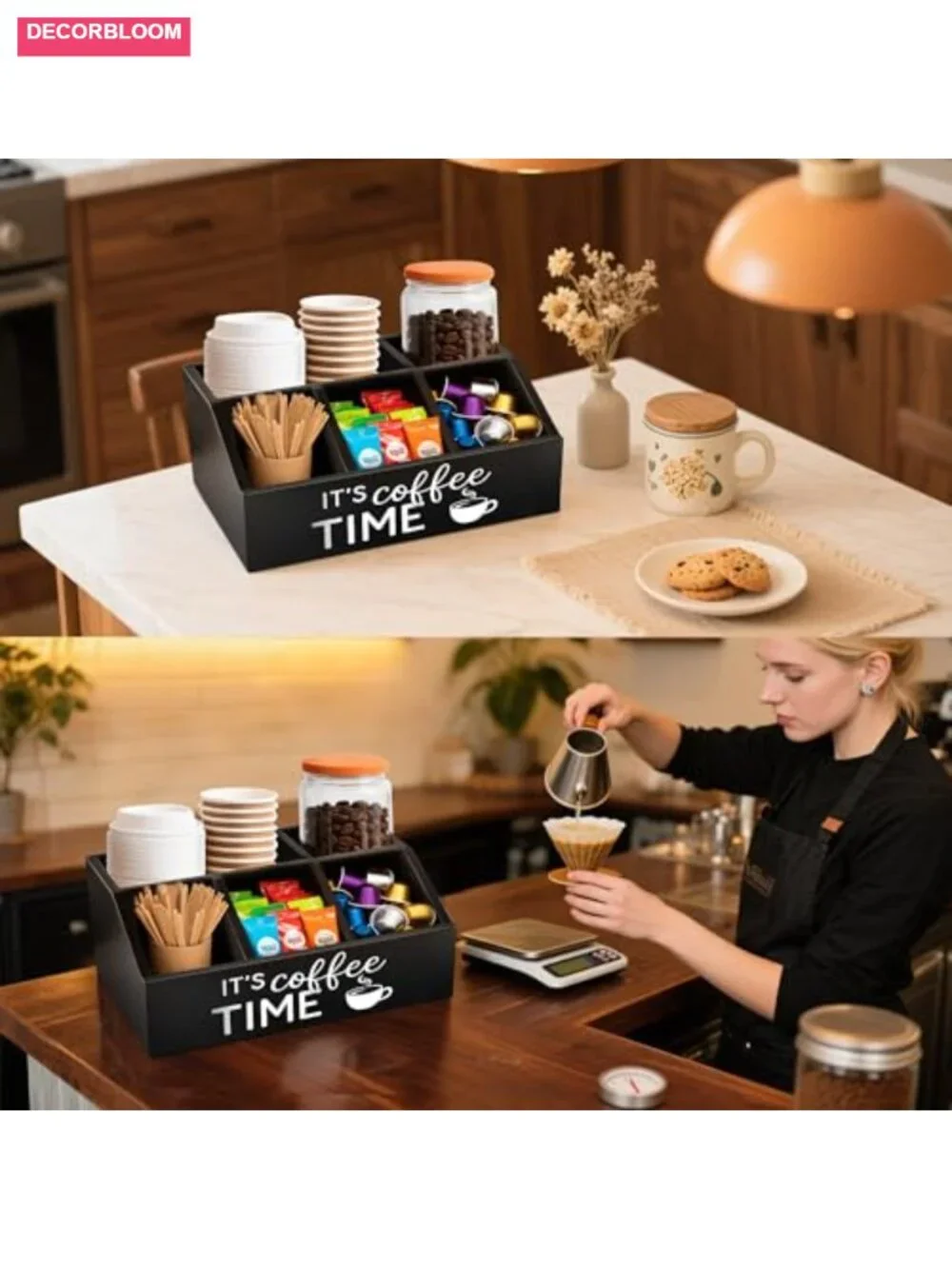 Wooden Coffee Station Organizer, Condiment Holder for Pods & Tea Bags, Rustic